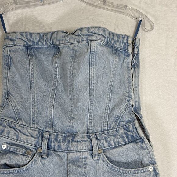 Zara Jumpsuit Womens Size Medium Blue Denim Stretch Strapless Wide Leg Baggy - Picture 2 of 11